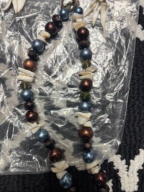 Mother of Pearl Blue and Brown Beaded Necklace with White Shell Accents/earrings